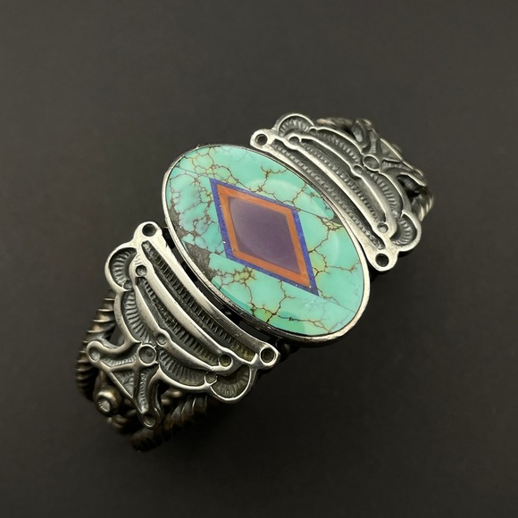 Vintage Navajo Ray Tracey & Knifewing Segura Sterling Silver Inlay Cuff Bracelet - Picture 7 of 16